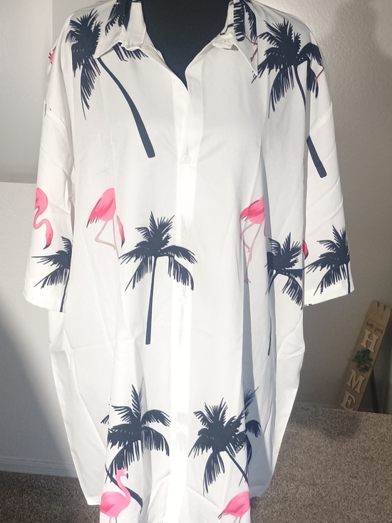 Source Unknown Other - Source Unknown White Tropical Palm & Flamingo Print Men's Dress Shirt
